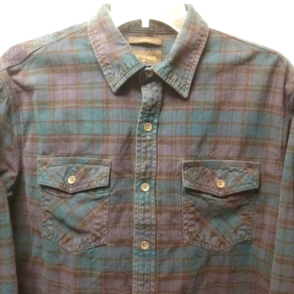 True Religion Flannel Shirt Biker Western Cowboy Rodeo Country Tartan Plaid Sz L